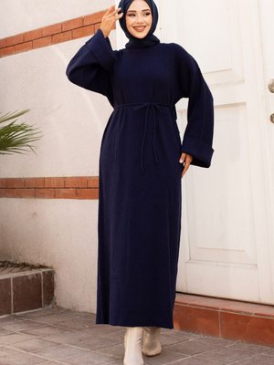 Beli İp Bağlamalı Düşük Kol Triko Elbise Lacivert