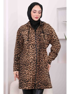 Camel Bel Büzgülü Kapüşonlu Leopar Trenç