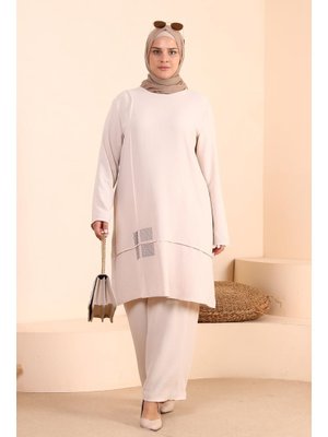 Kadin Giyim Buyuk Beden Tesettur İkili Ayrobin Pantolon Tunik Takım Taş