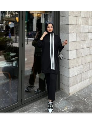 Oyşo Kumaş Çizgi Detaylı Yaka Fermuarlı Kapşonsuz İkili Takım