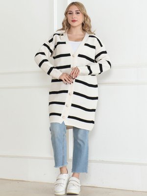 Çizgili Düğmeli Triko Hirka Taş Rengi