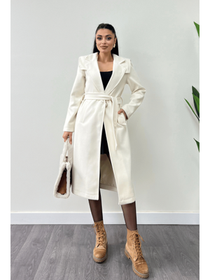 Ekru Tek Düğme Kaşe Kaban