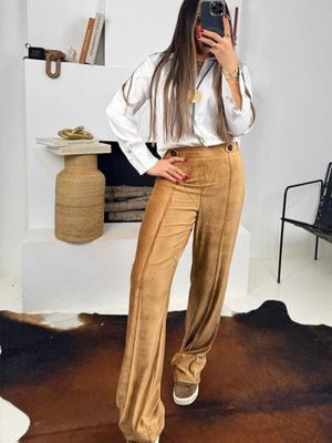 Hardal Fitilli Kadife Bel Düğme Detaylı Lastikli Pantolon