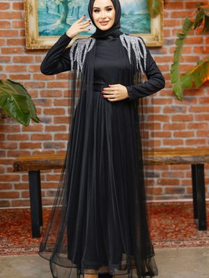 Taş İşlemeli Tül Gren Etek Kemerli Abiye Elbise