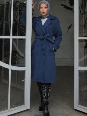 İndigo Apolet Detaylı Kaşe Kaban