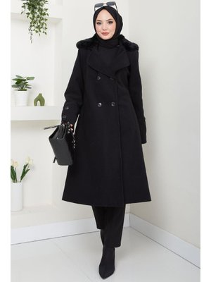 Siyah Yakası Kürk Detaylı Kaşe Kaban Siyah Yakası Kürk Detaylı Kaşe Kaban