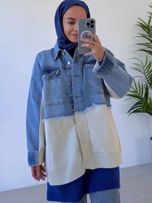 Jean Detaylı Düğmeli Triko Hırka