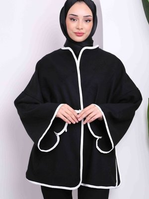 Siyah Bel Bağlamalı Kaşe Kimono Ceket