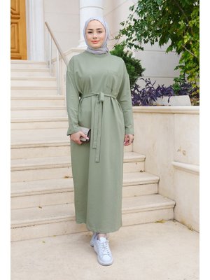 Bel Bağlamalı Cep Detaylı Elbise Fıstık Yeşil Bel Bağlamalı Cep Detaylı Elbise Fıstık Yeşil