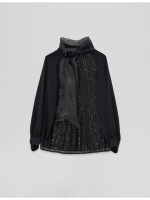 Organzeli Şal Yaka Bluz Siyah