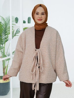 Önü Bağlamalı Buklet Kumaş Ceket Vizon Önü Bağlamalı Buklet Kumaş Ceket Vizon