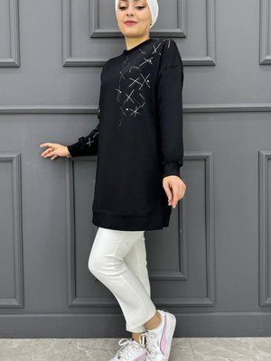 Baskı Ve Taş Detaylı Tunik Siyah