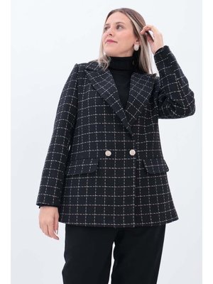 Simli Tüvit Kumaş Blazer Ceket Siyah Ekru