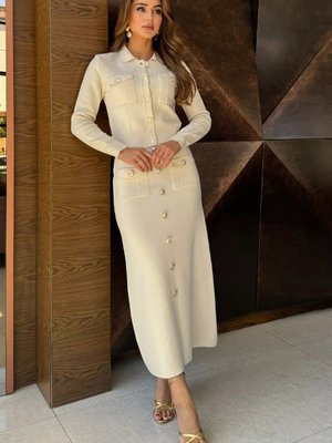 Krem Düğme Detaylı Hırka Etek Triko İkili Takım