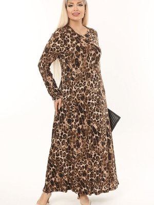 Büyük Beden Leopar Desen Yakası Pervazlı Uzun Elbise Büyük Beden Leopar Desen Yakası Pervazlı Uzun Elbise