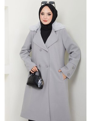 Gri Yakası Kürk Detaylı Kaşe Kaban Gri Yakası Kürk Detaylı Kaşe Kaban