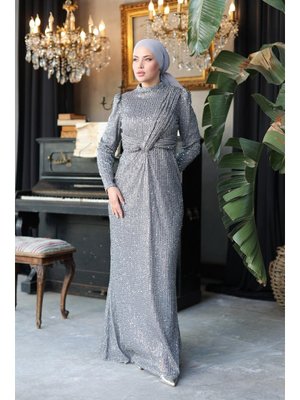 İpek Boncuklu Abiye Elbise Gümüş