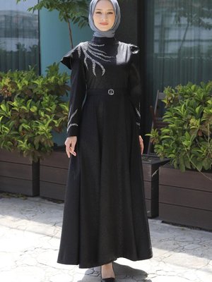 Siyah Taşlı Yakma Desenli Abiye Elbise Siyah Taşlı Yakma Desenli Abiye Elbise