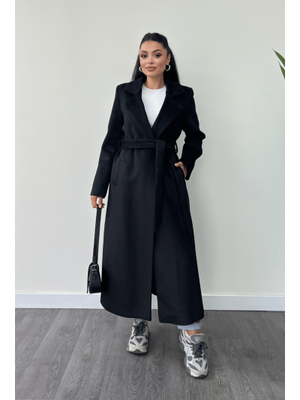 Siyah Cep Detaylı Kaşe Kaban