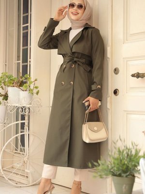 Düğmeli Koyu Haki Trençkot