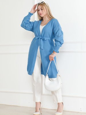 Kollari Desen Detaylı Triko Hirka Mavi