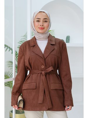 Kahverengi Bel Bağlamalı Süet Ceket Kahverengi Bel Bağlamalı Süet Ceket