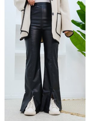 Siyah Paça Detayı Yırtmaçlı Deri Pantolon