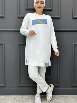 Kombinli Taş Detaylı Tunik Ekru