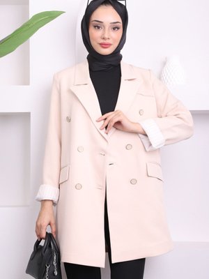 Taş Kruvaze Yaka Çizgili Blazer Ceket