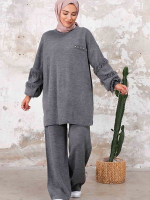 Püskül Kol Tunik Pantolon İkili Triko Takım Antrasit Püskül Kol Tunik Pantolon İkili Triko Takım Antrasit