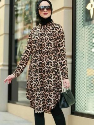 Modaburada Yüzdeyüz Viskon Pamuk Leopar Desenli Tunik Gömlek Elbise