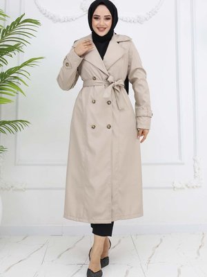 Düğme Detaylı Trençkot Taş Rengi