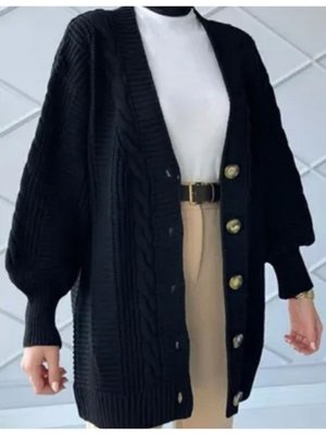 Şık Tesettür V Yaka Regular Saç Örgülü Bol Kesim Triko Hirka Kazak