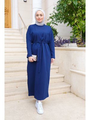 Lacivert Bel Bağlamalı Cep Detaylı Elbise Lacivert Bel Bağlamalı Cep Detaylı Elbise
