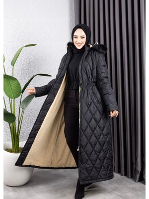 Kadın Uzun İçi Kürklü Kapişonlu Kapitone Mont Kadın Uzun İçi Kürklü Kapişonlu Kapitone Mont