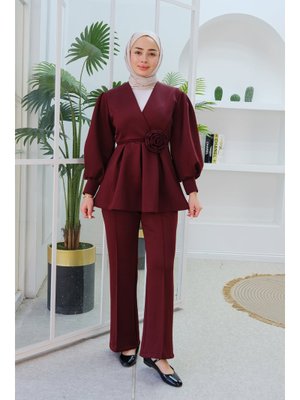 Mürdüm Bel Bağlamalı Gül Detay İkili Takım