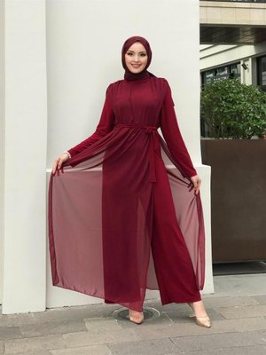 Tül Detaylı Beli Kuşaklı Tulum Bordo Tül Detaylı Beli Kuşaklı Tulum Bordo