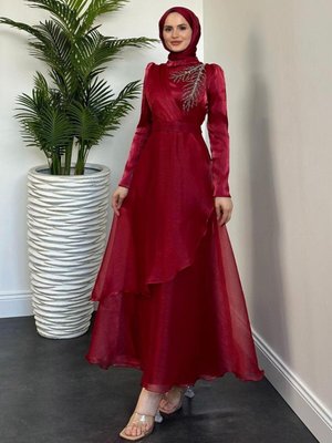 Ervah Taş Detay Abiye Elbise Bordo Ervah Taş Detay Abiye Elbise Bordo