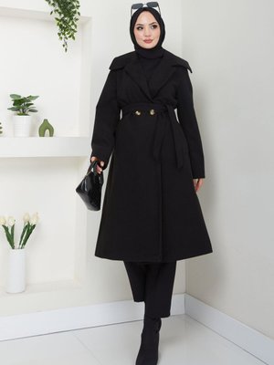 Siyah Şal Yaka Düğmeli Kuşaklı Kaşe Kaban