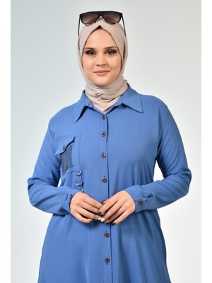 İndigo Buyuk Beden Tunik Tesettur Kadin Ayrobin Kumas