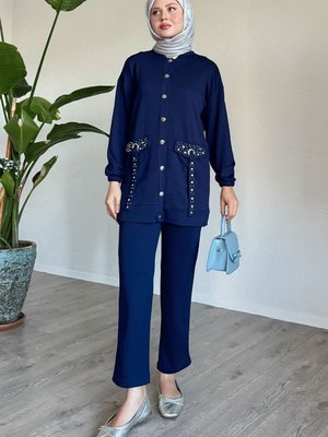 Cepleri Taşlı İkili Takım Lacivert
