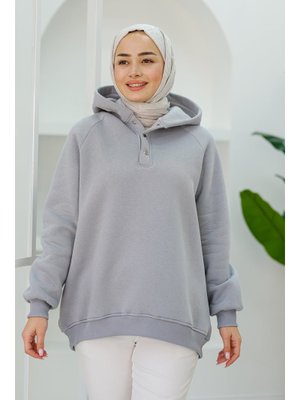 Gri Çıt Detay Kapüşonlu Sweat Gri Çıt Detay Kapüşonlu Sweat