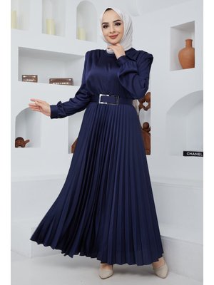 Lacivert Omuz Vatka Detaylı Kemerli İkili Abiye Takım