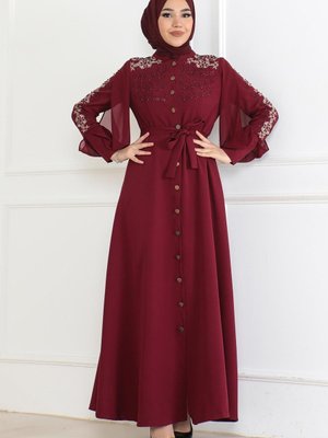 Bordo Düğme Detaylı Abiye Elbise Bordo Düğme Detaylı Abiye Elbise