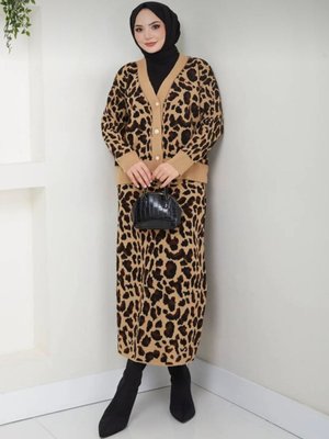 Tesettür İkili Leopar Desenli Hırka Etek Takım