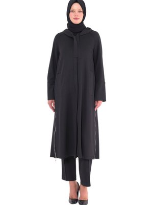 Qeffa Siyah Fermuar Detaylı Uzun Minimalist Kap