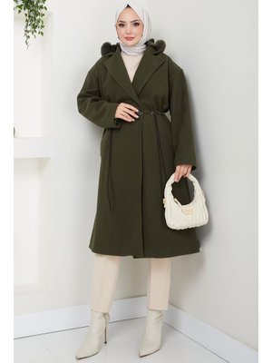 Haki Kapüşonlu Beli Büzgülü Kaşe Kaban Haki Kapüşonlu Beli Büzgülü Kaşe Kaban