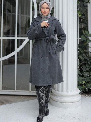 Antrasit Apolet Detaylı Kaşe Kaban