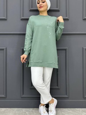 Baskı Ve Taş Detaylı Tunik Mint Yeşili