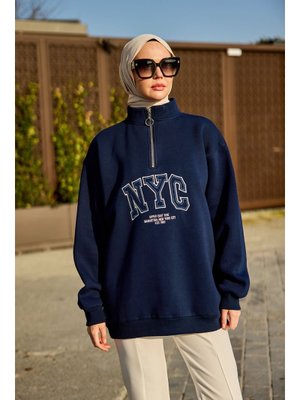 Lacivert Nyc Baskılı Yarım Fermuarlı Sweat Lacivert Nyc Baskılı Yarım Fermuarlı Sweat